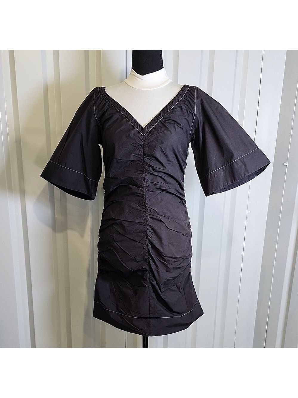 Ganni Black Ruched Mini Dress Cotton Poplin Size EU 36 US 4